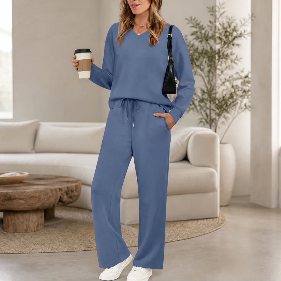 Women's V-Neck Knit Drawstring Lounge Set | Suzanne_10