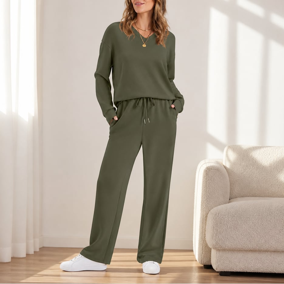 Women's V-Neck Knit Drawstring Lounge Set | Suzanne_13