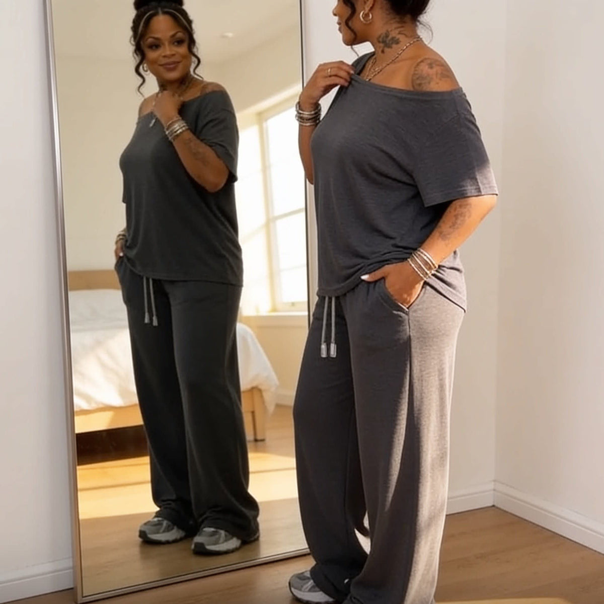 Women's Off-Shoulder Asymmetric Trouser Set | Mona_2