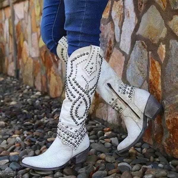 Women's Studded Block Heel Cowboy Boots | Eiry_4