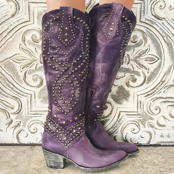 Women's Studded Block Heel Cowboy Boots | Eiry_5