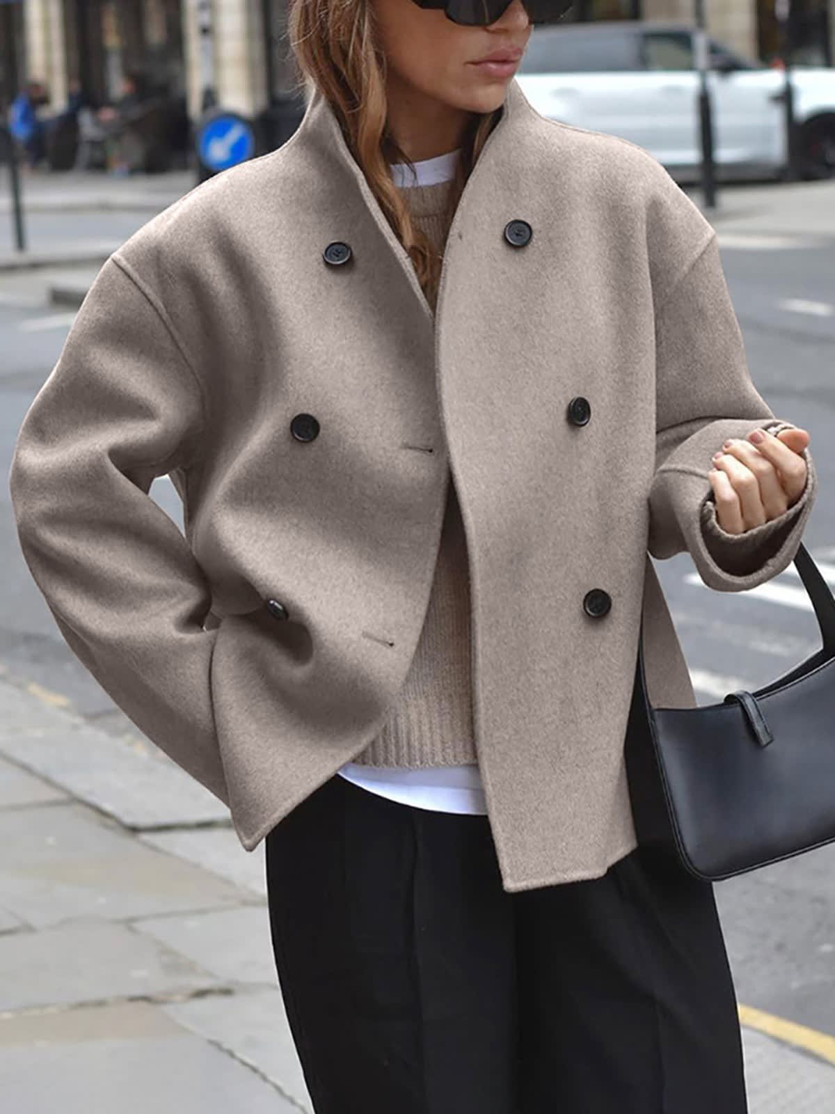Women's Collarless Cropped Pea Coat | Helen_9