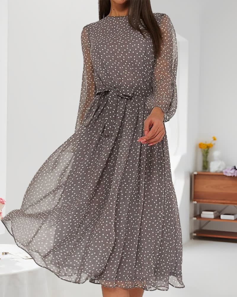 Women's Chiffon Long Sleeve Midi Polka Dot Dress | Isabelle_3