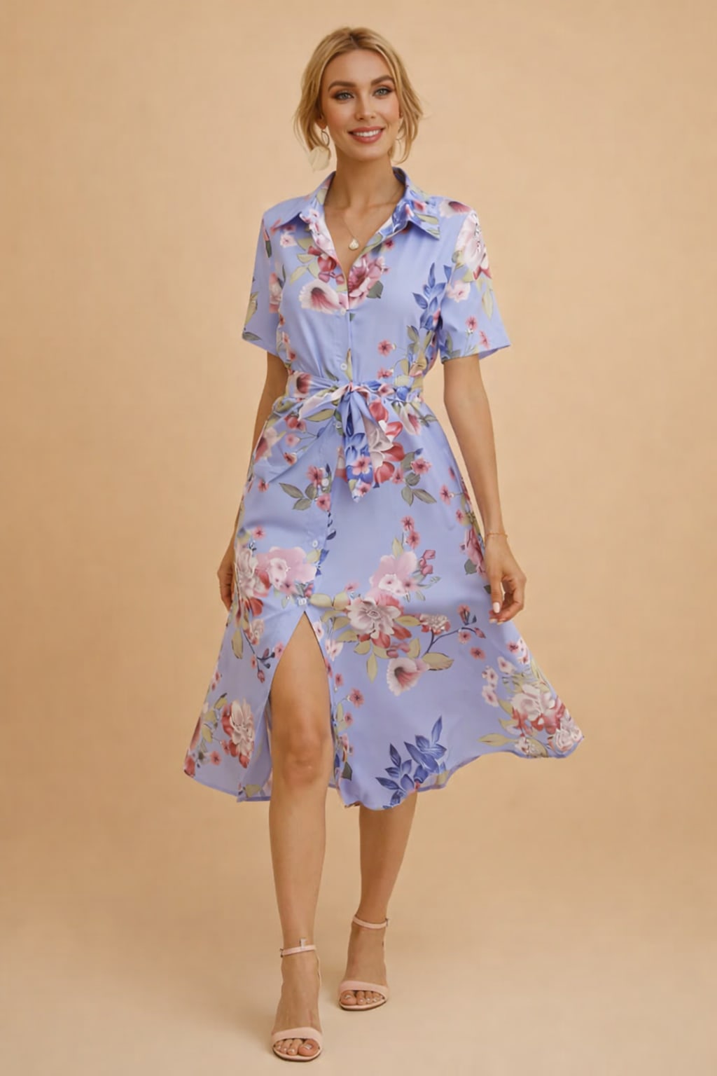 Women's Floral Button Front Midi Shirt Dress | Sophia Carter_2