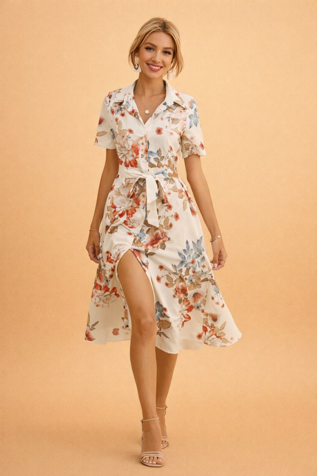 Women's Floral Button Front Midi Shirt Dress | Sophia Carter_3