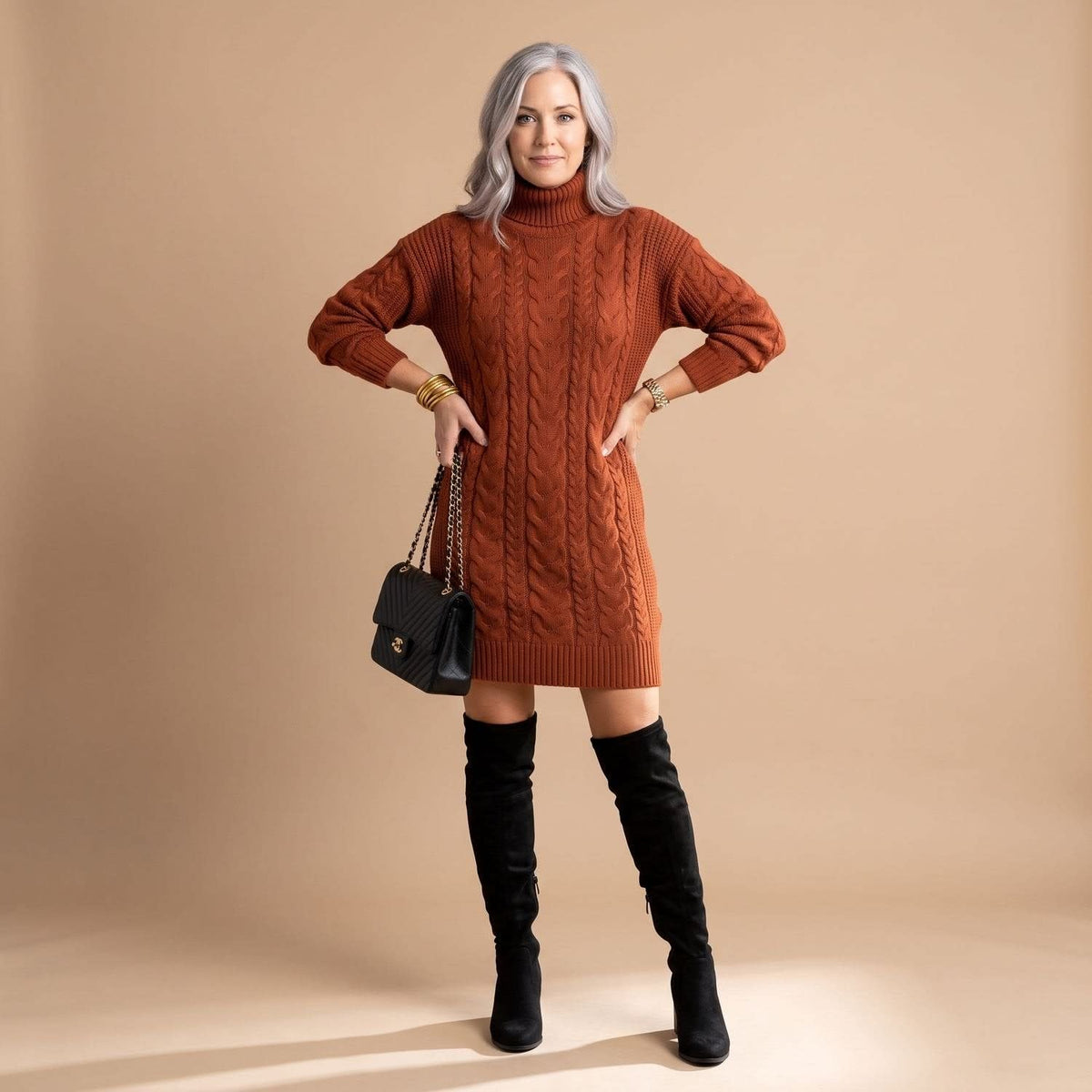 Women's Cable Knit Turtleneck Jumper Dress | Camilla_11