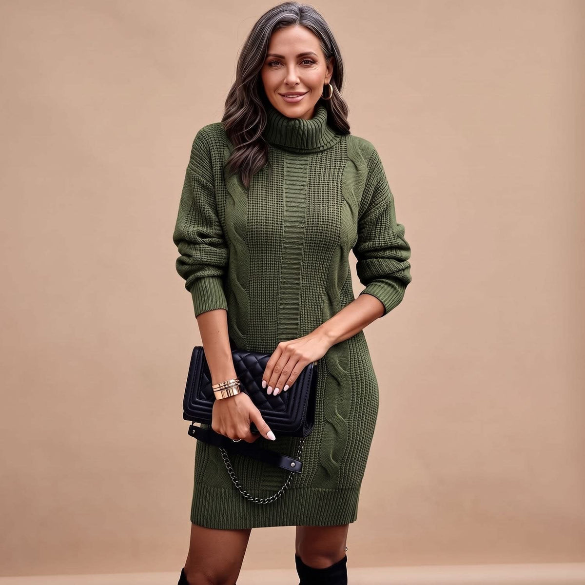 Women's Cable Knit Turtleneck Jumper Dress | Camilla_2