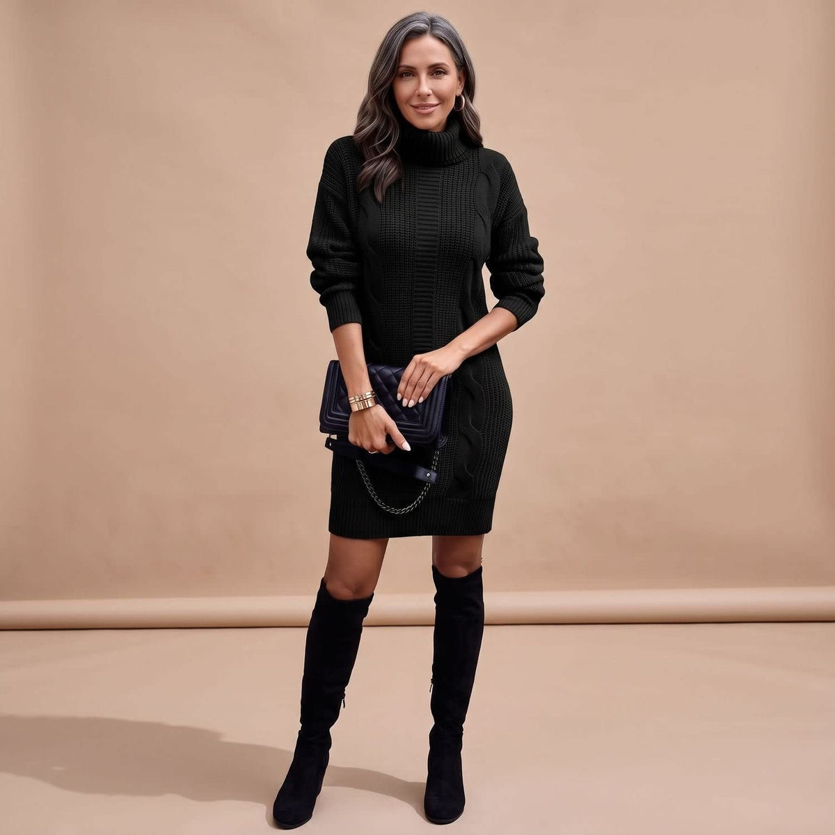 Women's Cable Knit Turtleneck Jumper Dress | Camilla_4