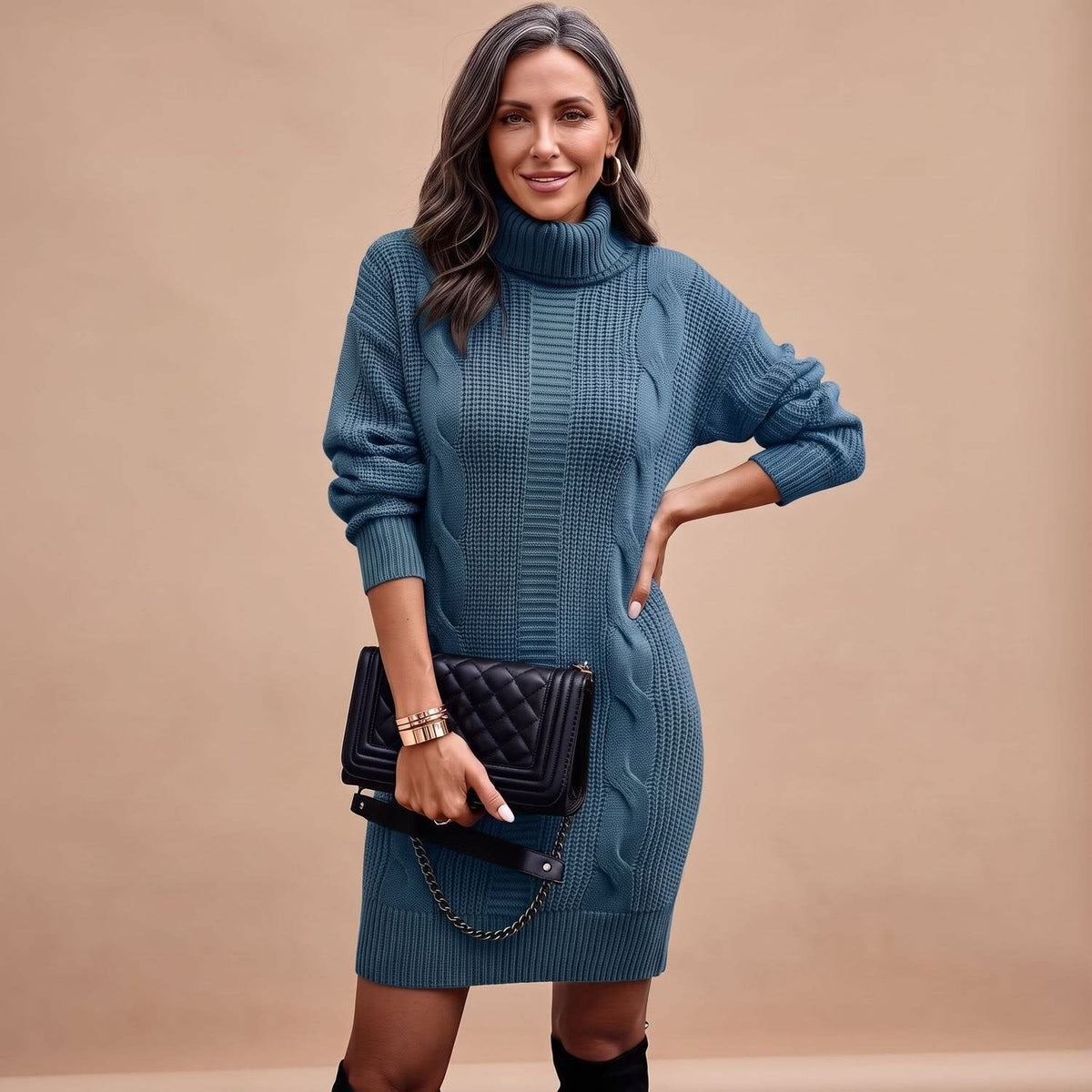 Women's Cable Knit Turtleneck Jumper Dress | Camilla_7
