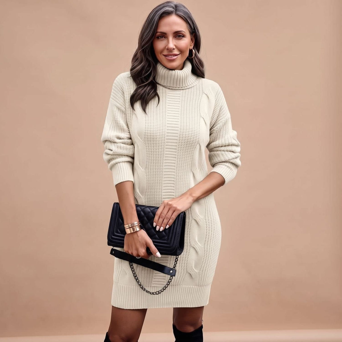 Women's Cable Knit Turtleneck Jumper Dress | Camilla_9