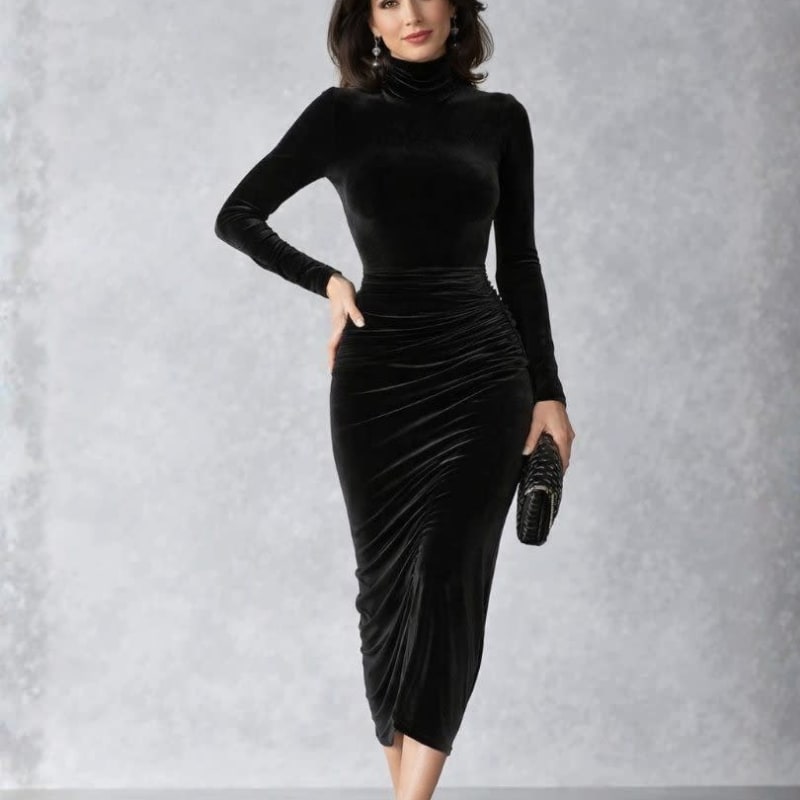 Women's Velvet Ruched Midi Dress | Heather_1
