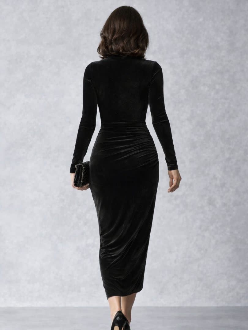 Women's Velvet Ruched Midi Dress | Heather_4