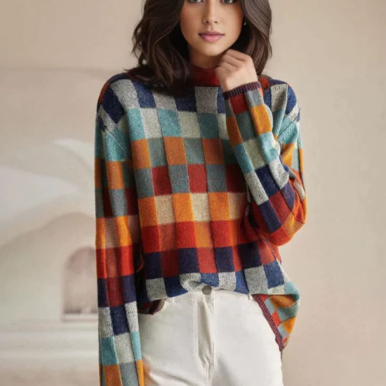 Women's Multicolor Check Knit Mock Neck Jumper | India_2