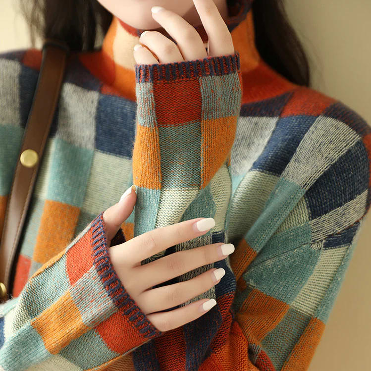Women's Multicolor Check Knit Mock Neck Jumper | India_7