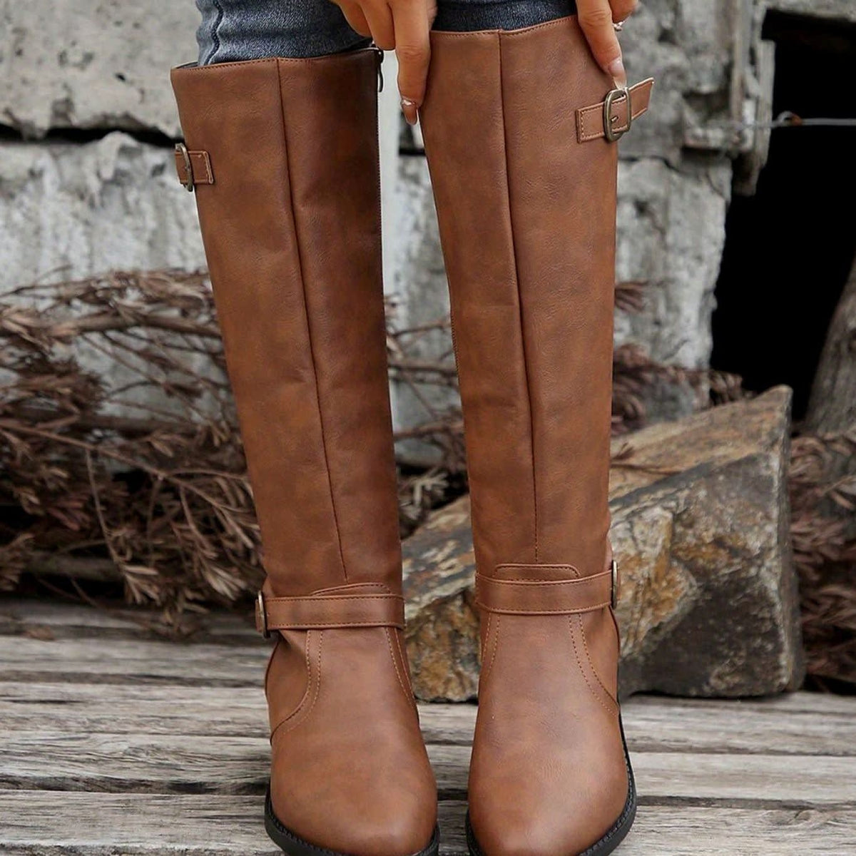 Women's Faux Leather Buckle Riding Boots | Caroline_2