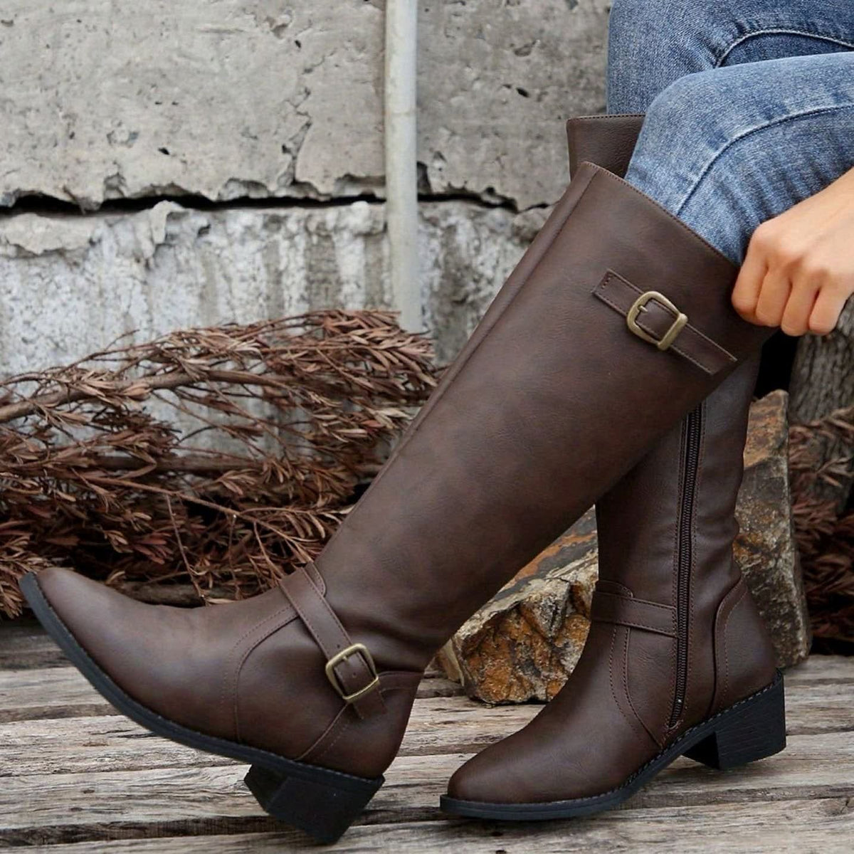 Women's Faux Leather Buckle Riding Boots | Caroline_3