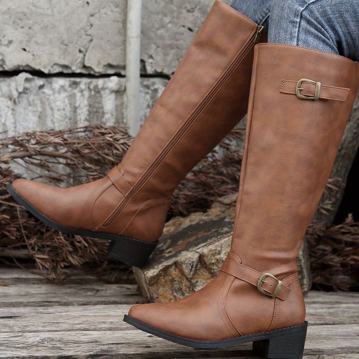 Women's Faux Leather Buckle Riding Boots | Caroline_5