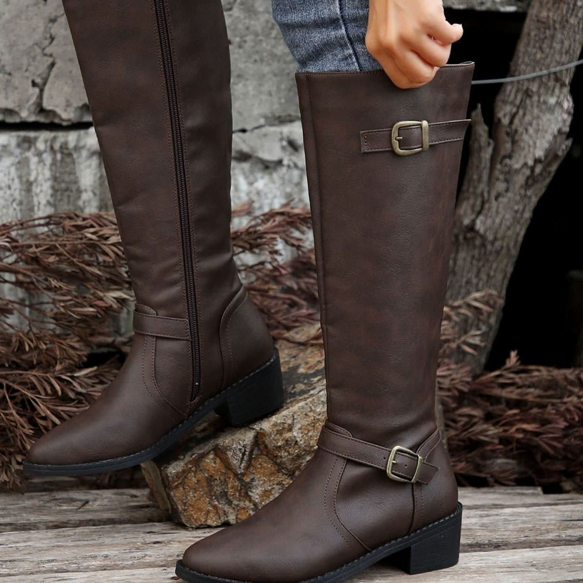 Women's Faux Leather Buckle Riding Boots | Caroline_7