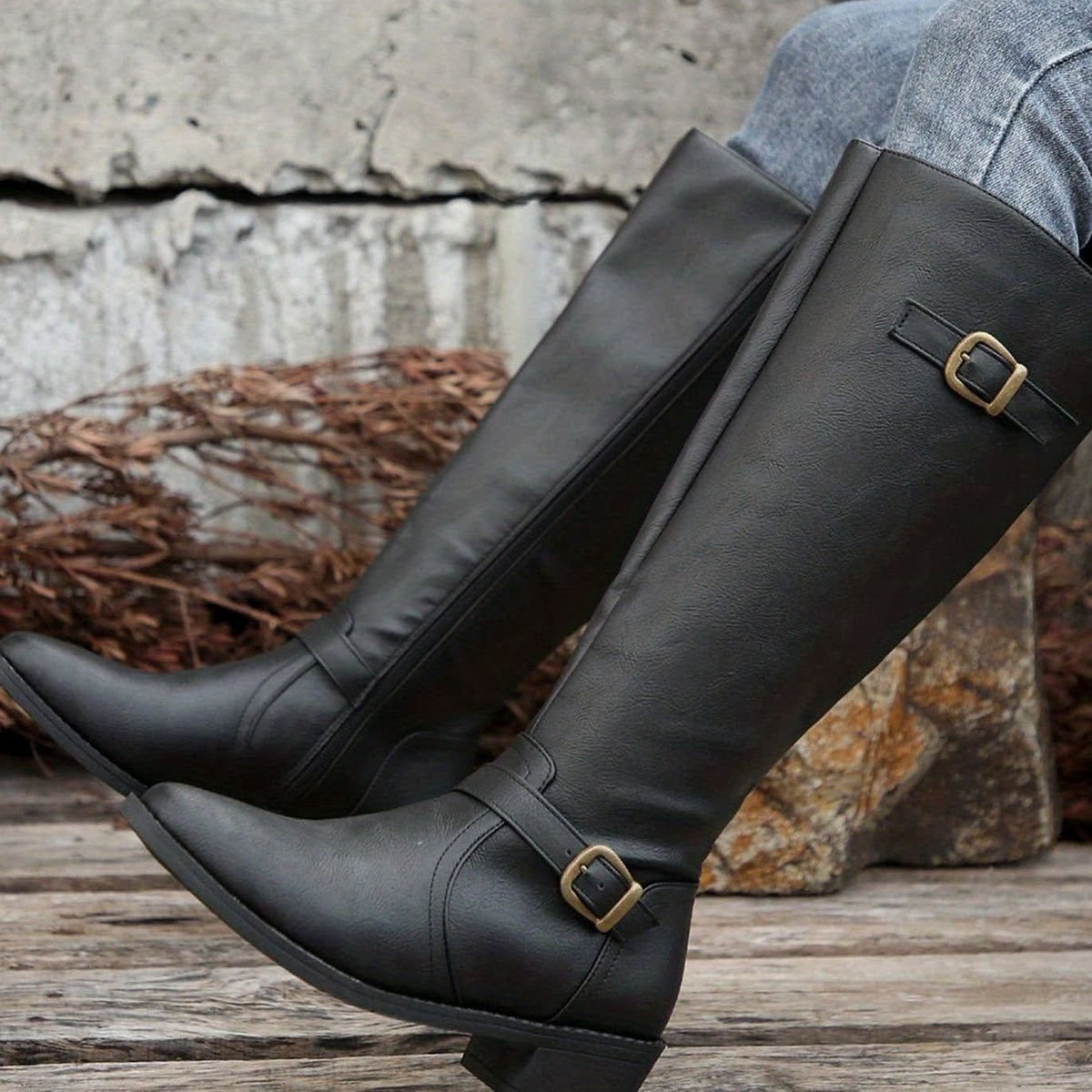 Women's Faux Leather Buckle Riding Boots | Caroline_8