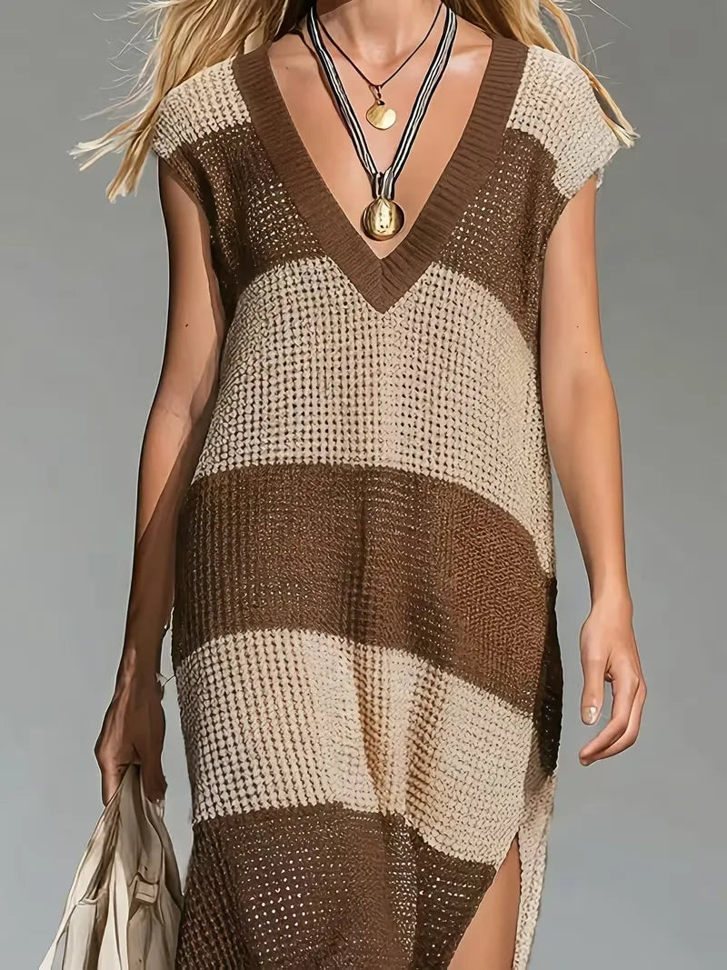 Women's Striped V-Neck Knit Midi Dress | Sienna