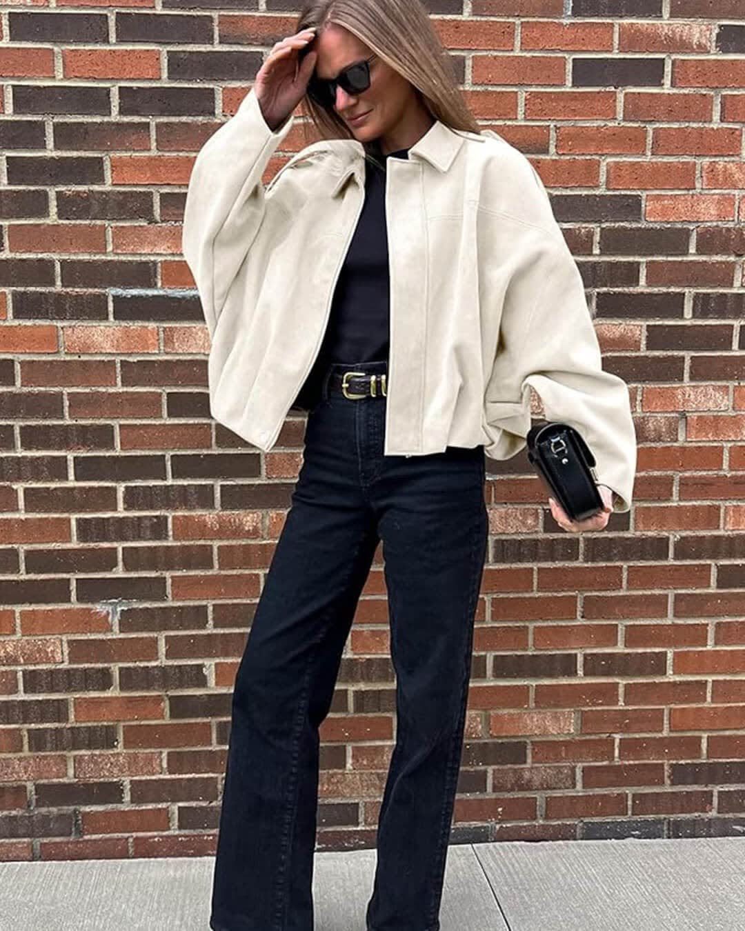Women's Faux Suede Collared Bomber Jacket | Carina_14