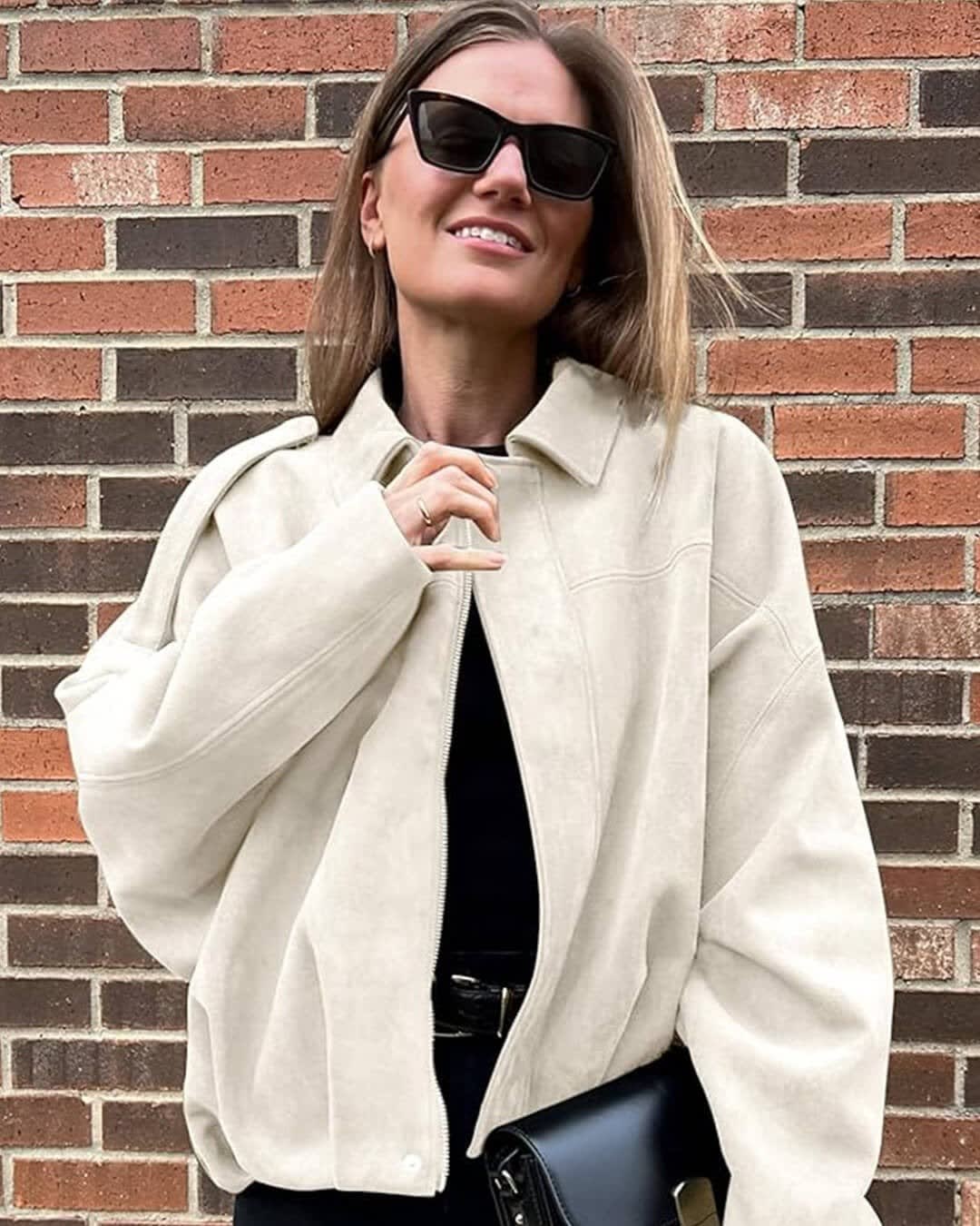Women's Faux Suede Collared Bomber Jacket | Carina_15