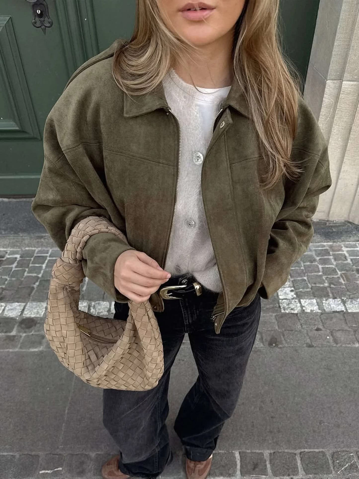 Women's Faux Suede Collared Bomber Jacket | Carina_3