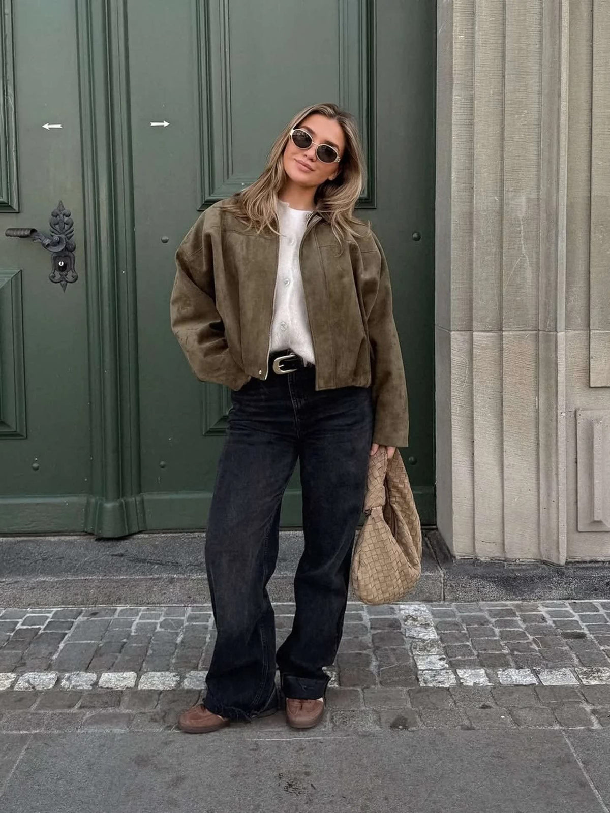 Women's Faux Suede Collared Bomber Jacket | Carina_4