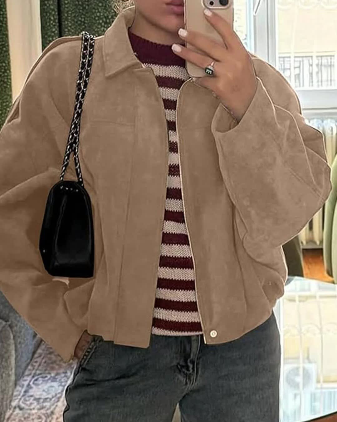 Women's Faux Suede Collared Bomber Jacket | Carina_7