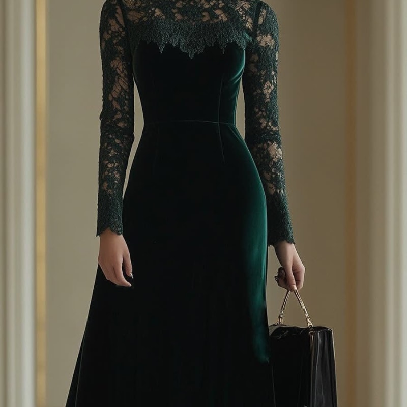 Women's Velvet Lace Midi Dress | Janet_1