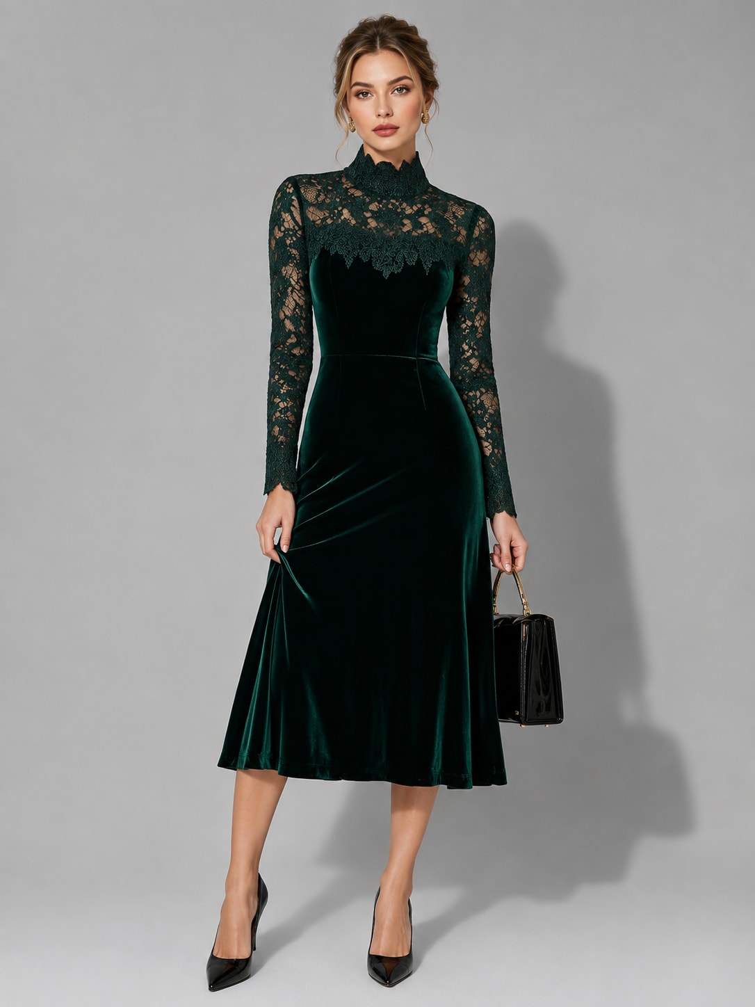Women's Velvet Lace Midi Dress | Janet_3