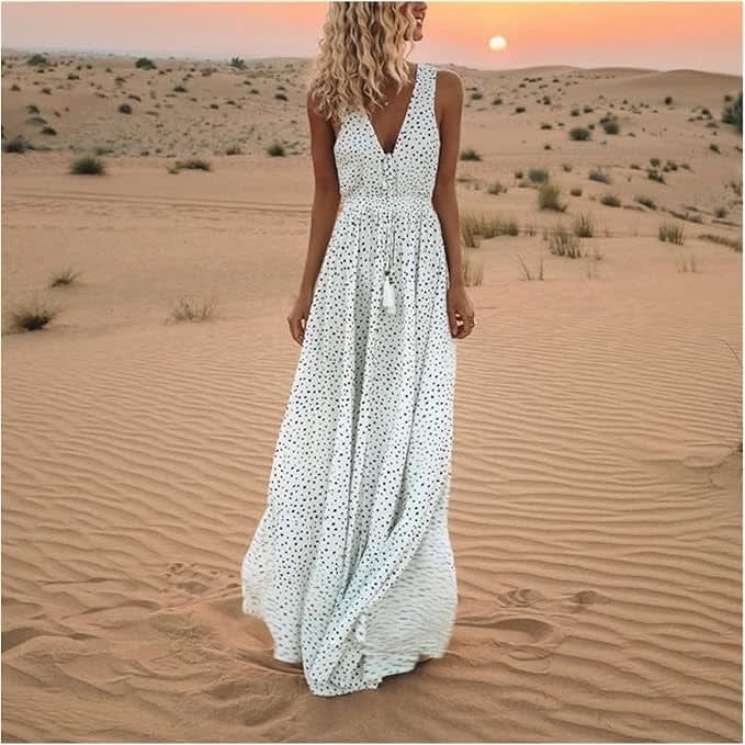Women's Boho V-Neck Flowy Maxi Dress | Delilah_5