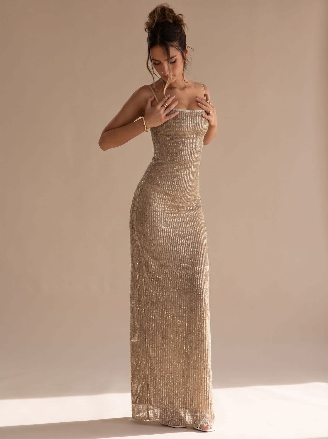 Women's Gold Glitter Backless Christmas Party Maxi Dress | Harriet_3
