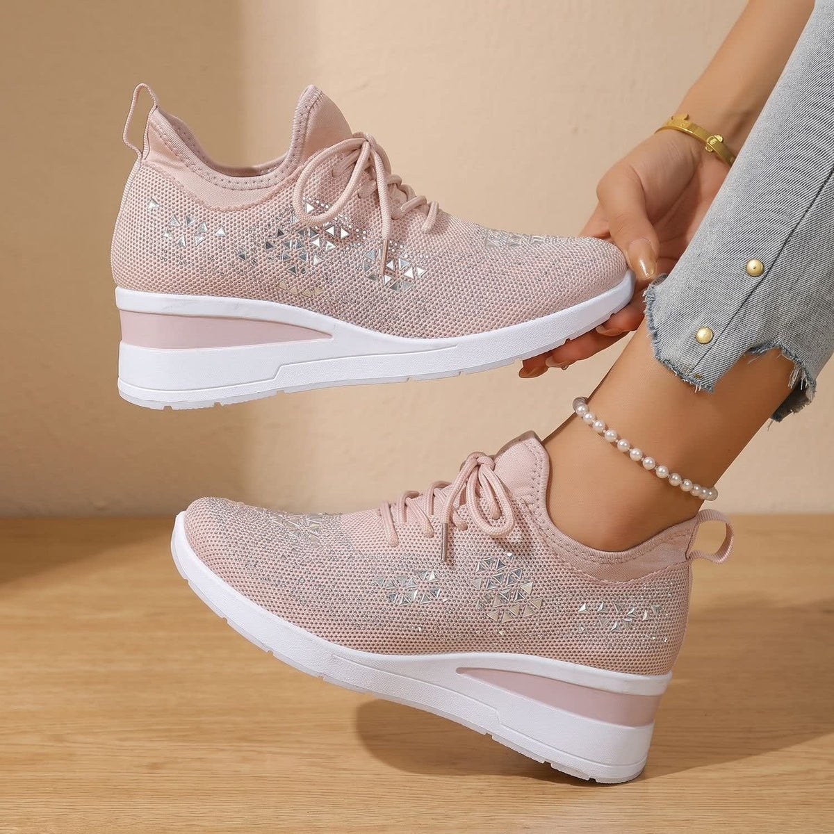 Women's Rhinestone Wedge Orthopedic Trainers | Arianwen_20