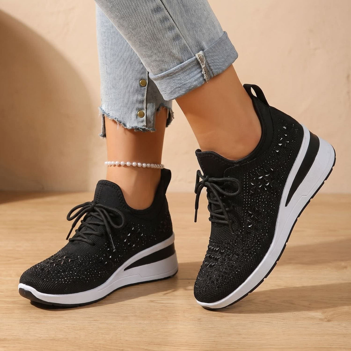 Women's Rhinestone Wedge Orthopedic Trainers | Arianwen_4
