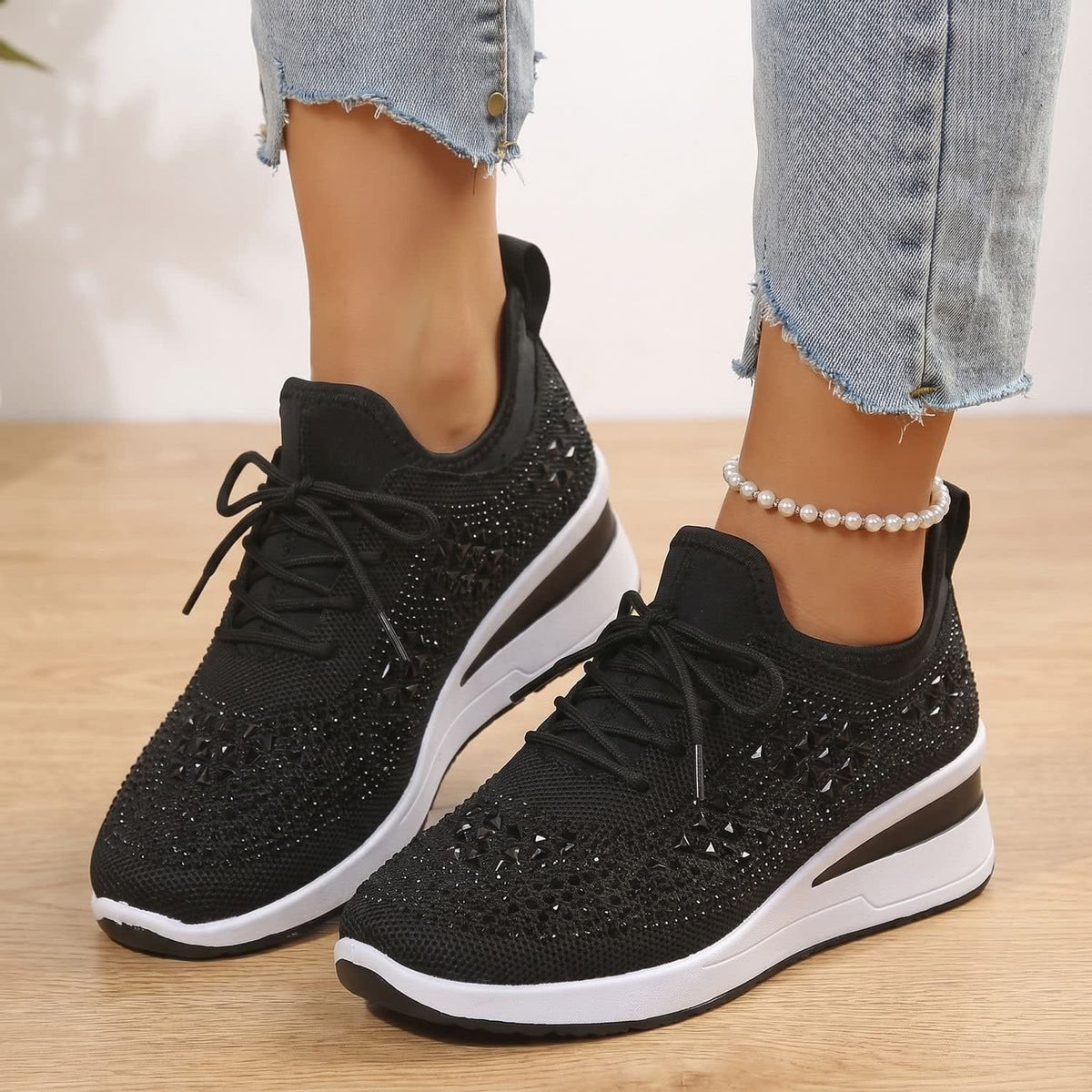 Women's Rhinestone Wedge Orthopedic Trainers | Arianwen_5