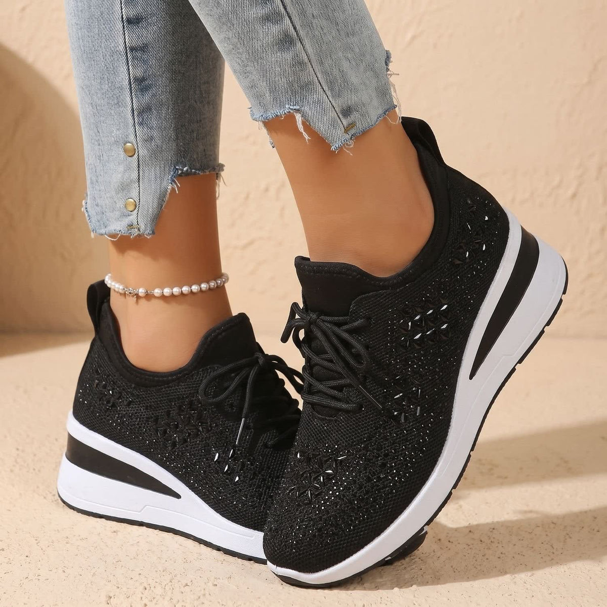 Women's Rhinestone Wedge Orthopedic Trainers | Arianwen_6