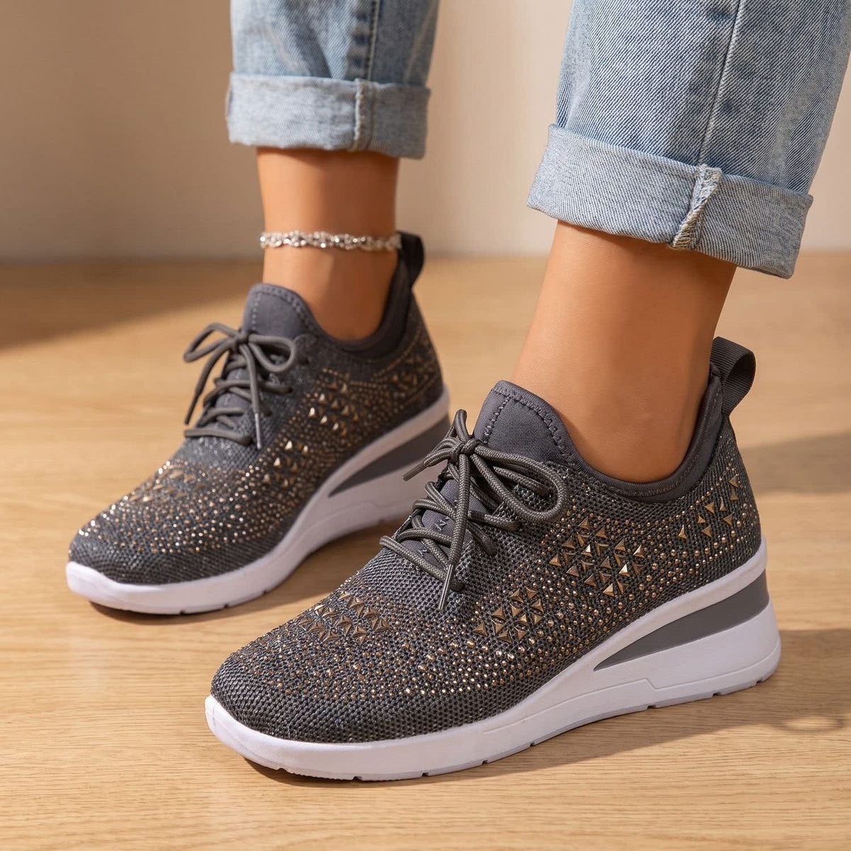 Women's Rhinestone Wedge Orthopedic Trainers | Arianwen_9