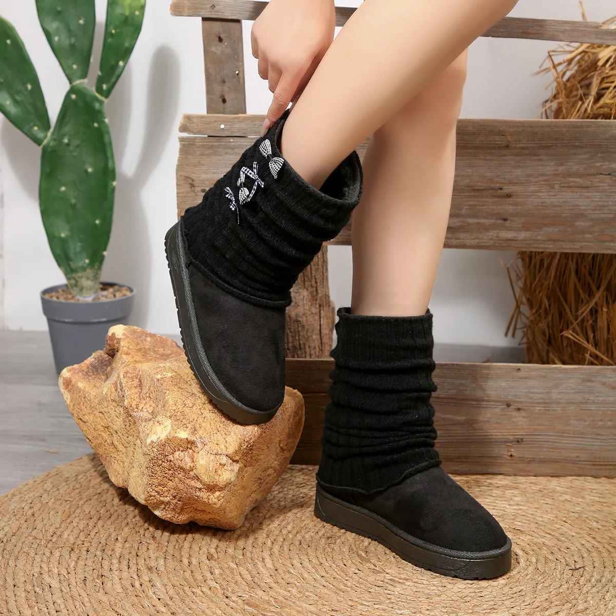 Women's Knit Cuff Bow Winter Boots | Esther_11