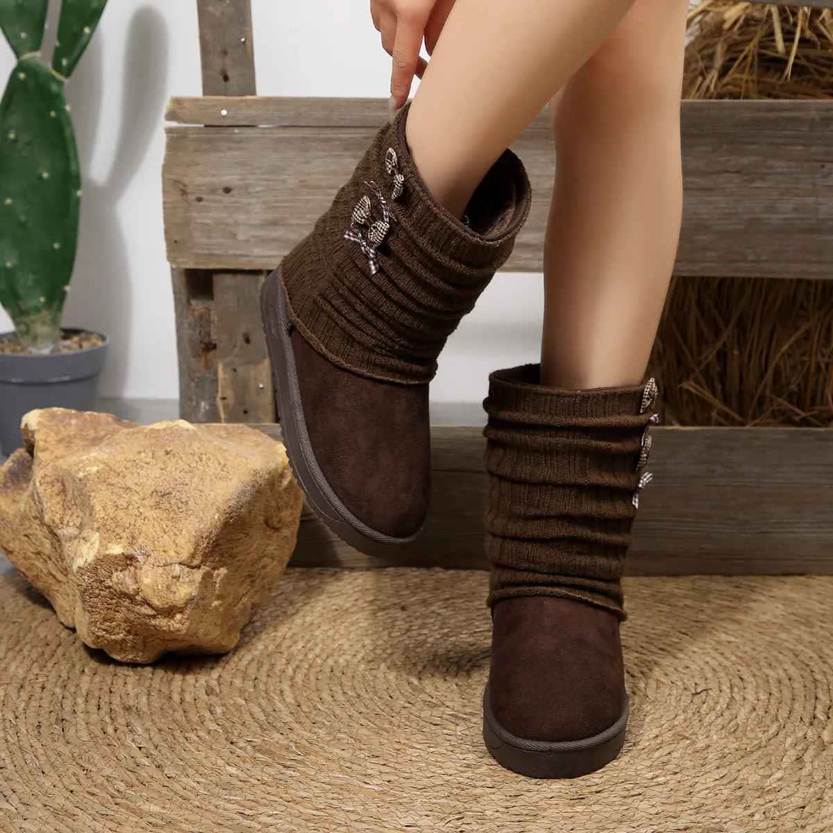 Women's Knit Cuff Bow Winter Boots | Esther_5