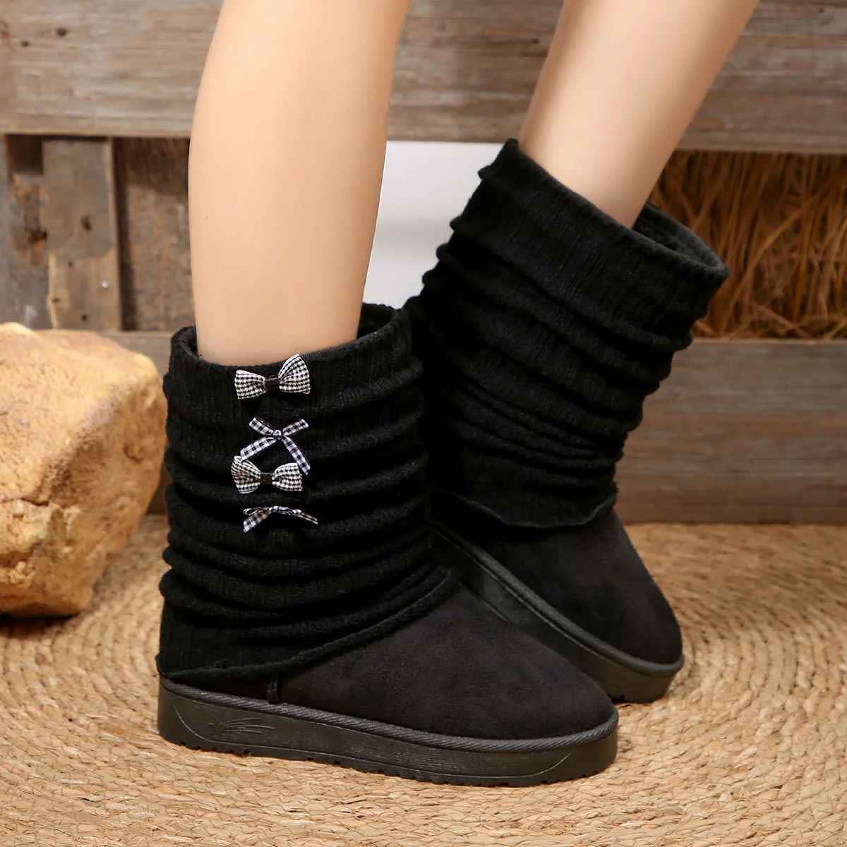 Women's Knit Cuff Bow Winter Boots | Esther_9