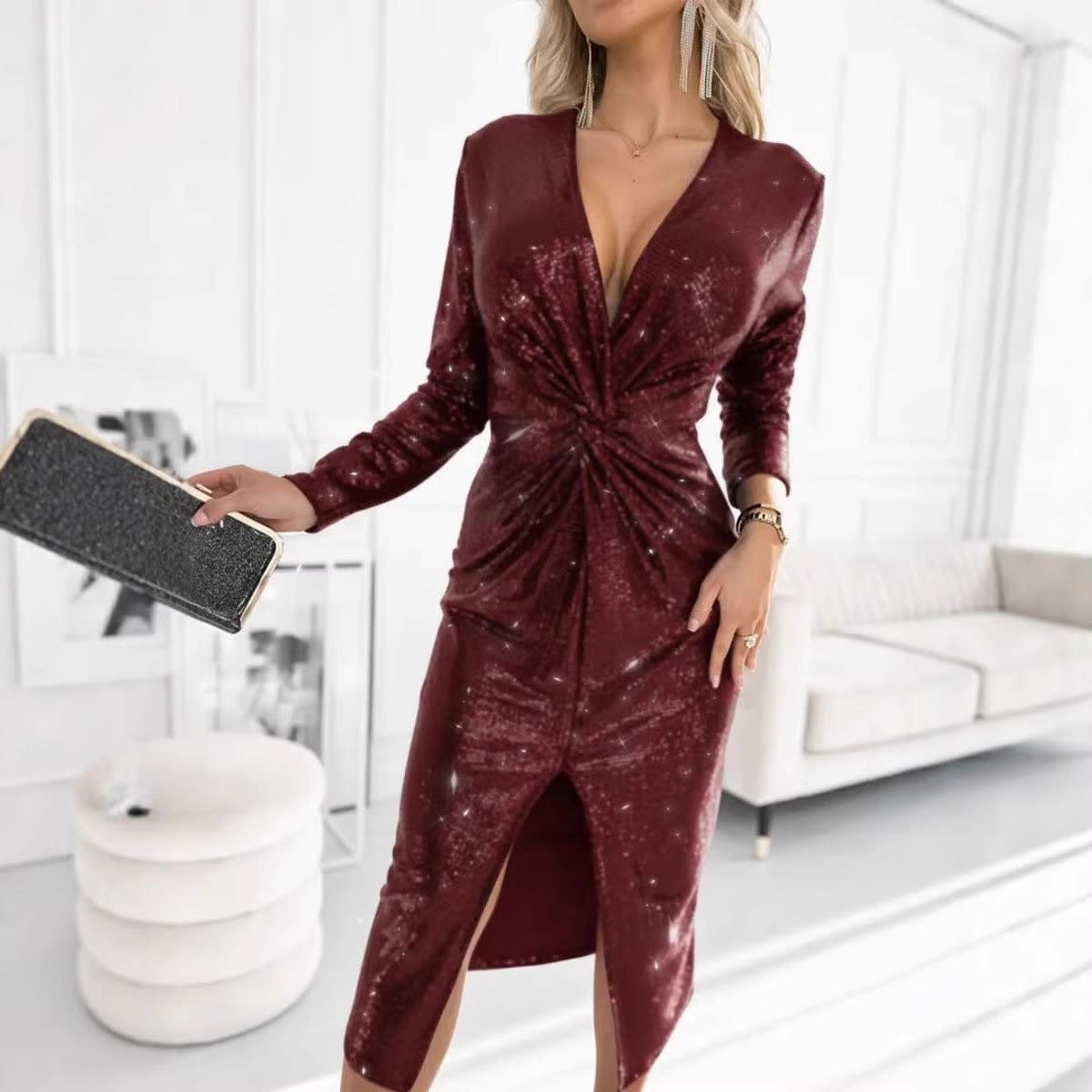 Women's Sequin Twist Front Midi Cocktail Dress | Madeleine_5