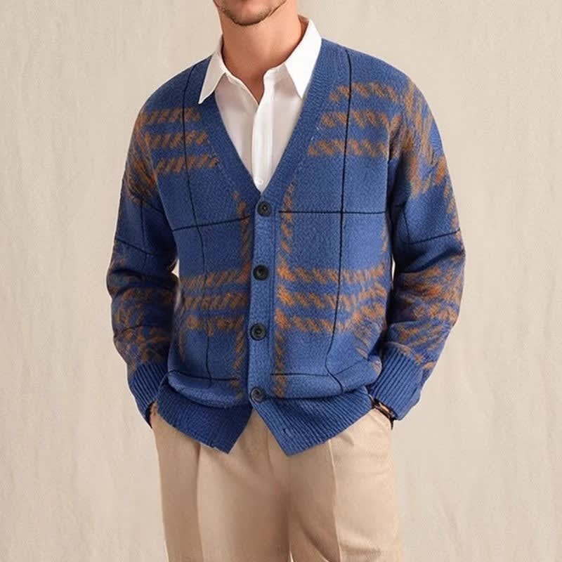 Men's Checked V-Neck Knit Cardigan | Sid_1
