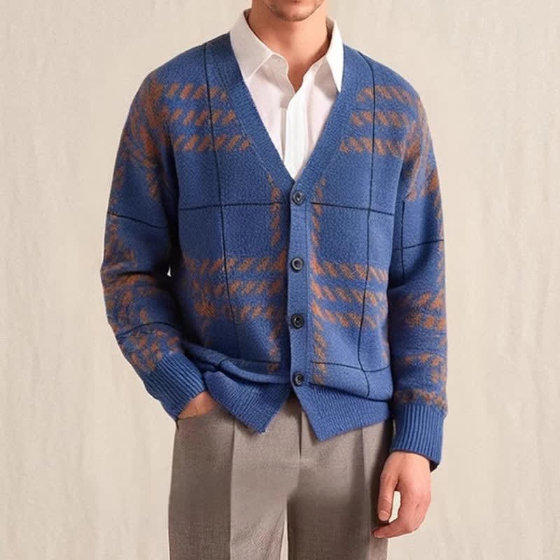 Men's Checked V-Neck Knit Cardigan | Sid_2