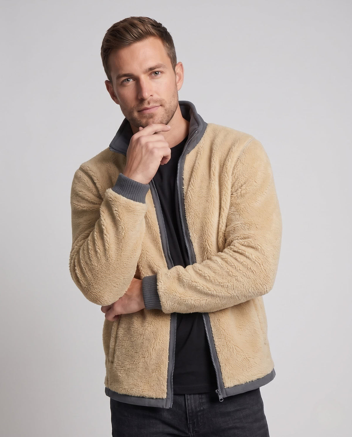 Men's Contrast Trim Sherpa Fleece Jacket | Joel_2