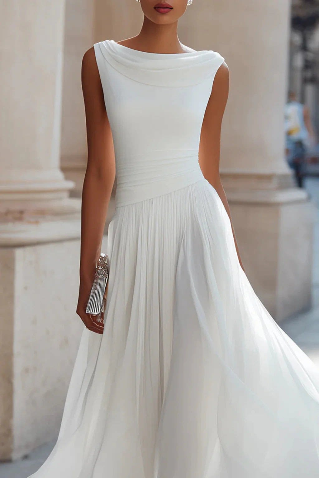 Women's Cowl Neck Pleated Wedding Guest Midi Dress | Emma Claire_2