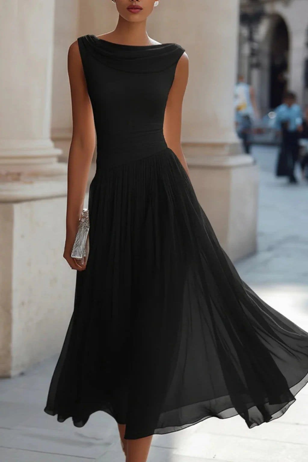 Women's Cowl Neck Pleated Wedding Guest Midi Dress | Emma Claire_8