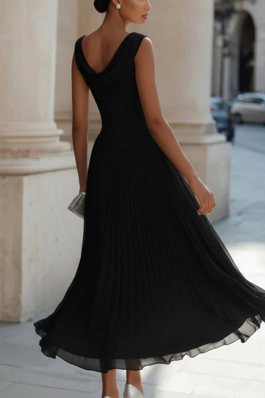 Women's Cowl Neck Pleated Wedding Guest Midi Dress | Emma Claire_9