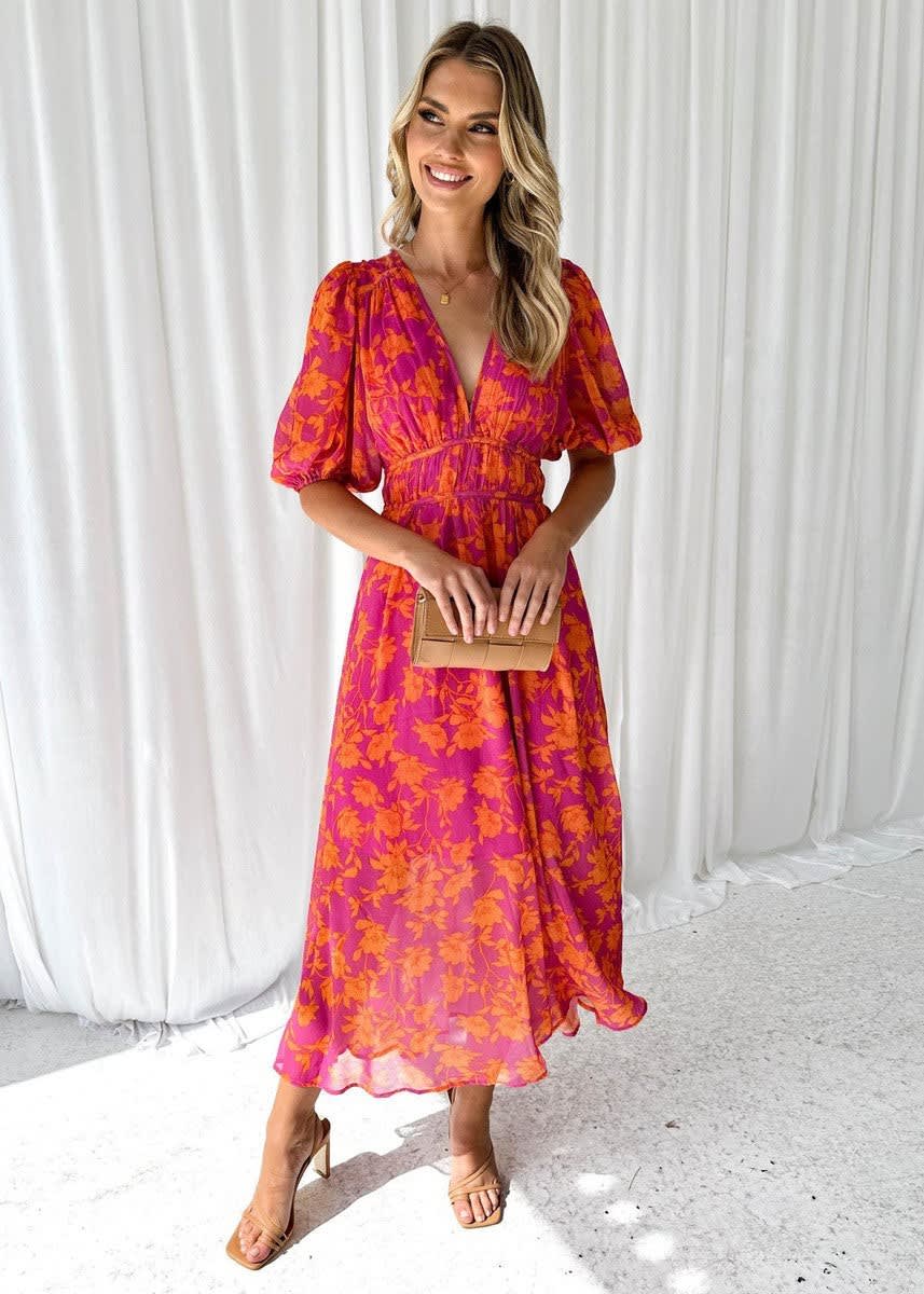 Women's Floral Puff Sleeve Wedding Guest Maxi Dress | Taylor Rivera_2