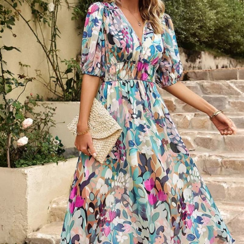 Women's Floral Print Wedding Guest Midi Dress with Puff Sleeves | Kayla Anderson_1